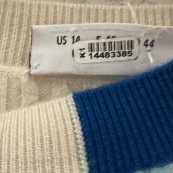 Akris Punto Virgin Wool Short Sleeve Sweater Womens US 14 Blue Cream Ribbed Crew - Picture 13 of 13